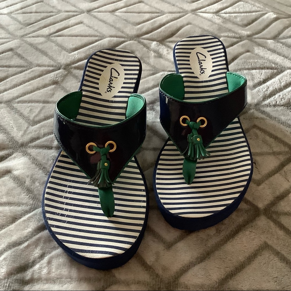 Clarks blue and white striped wedge sandal